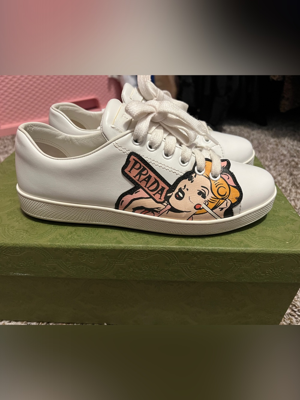 Prada White Leather Sneakers with Pink and Black Graphic